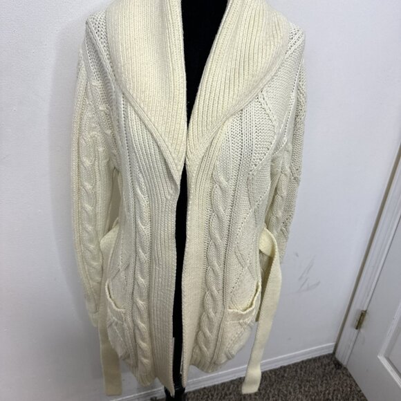 Vintage Kari Lynn Woman M Open Cardigan Belted Cable Knit Sweater Fisherman 70s - Picture 5 of 7